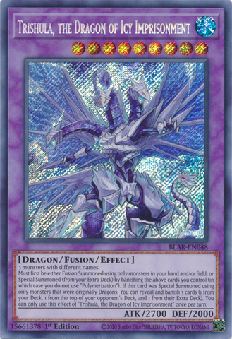 A Secret Rare "Trishula, the Dragon of Icy Imprisonment" card from the Yugioh Set: Battles of Legend: Armageddon (BLAR).