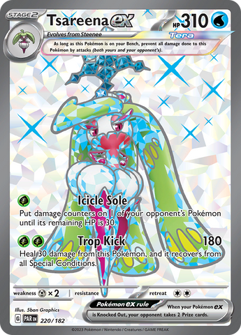 An Ultra Rare "Tsareena Ex" (220/182) card from the Pokemon Set: Paradox Rift.