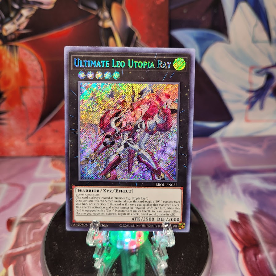 A Secret Rare "Ultimate Leo Utopia Ray" card from the Yugioh Set: Brothers of Legend.