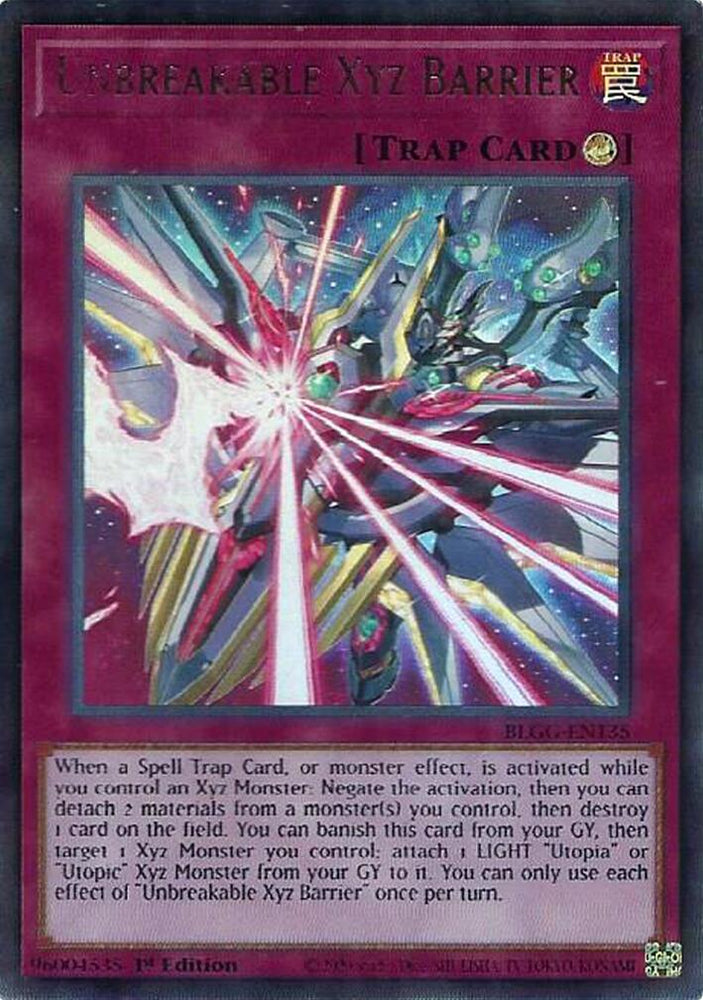 An Ultra Rare "Unbreakable Xyz Barrier" card from the Yugioh Set: Battles of Legend: Glorious Gallery (BLGG).