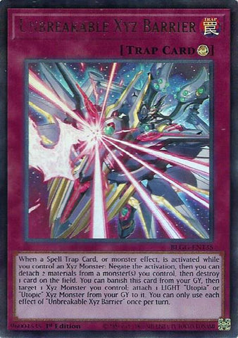 An Ultra Rare "Unbreakable Xyz Barrier" card from the Yugioh Set: Battles of Legend: Glorious Gallery (BLGG).