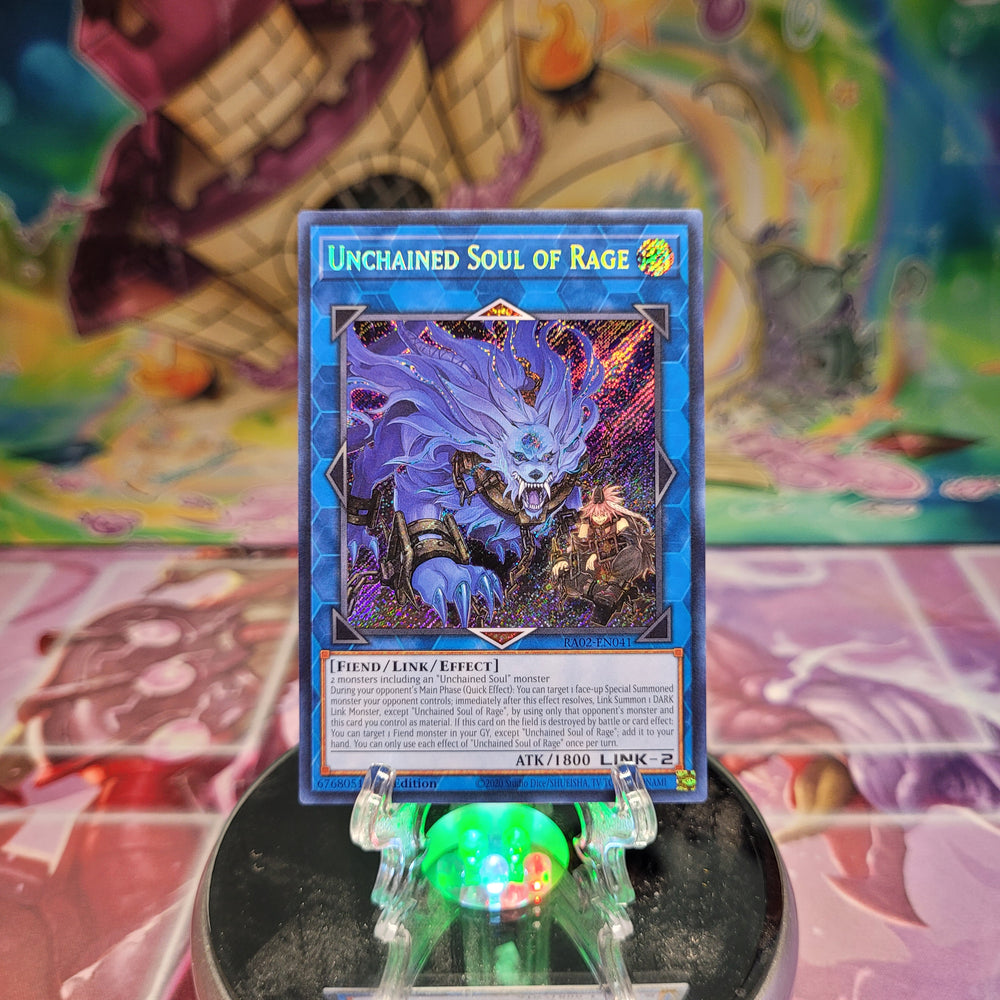 A Secret Rare "Unchained Soul of Rage" card from the Yugioh Set: Rarity Collection 2 (RA02).