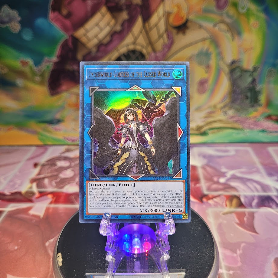 An Ultra Rare "Underworld Goddess of the Closed World" card from the Yugioh Set: Rarity Collection 2 (RA02).