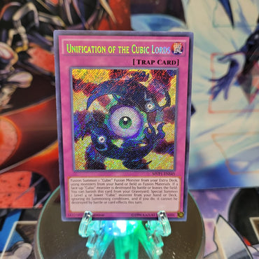 A Secret Rare "Unification of the Cubic Lords" card from the Yugioh Set: The Dark Side of Dimensions Movie Pack: Secret Edition.