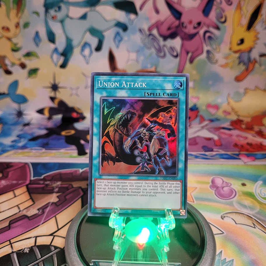 A Super Rare "Union Attack" card from the Yugioh Set: Light of Destruction 25th Anniversary Edition (LODT).