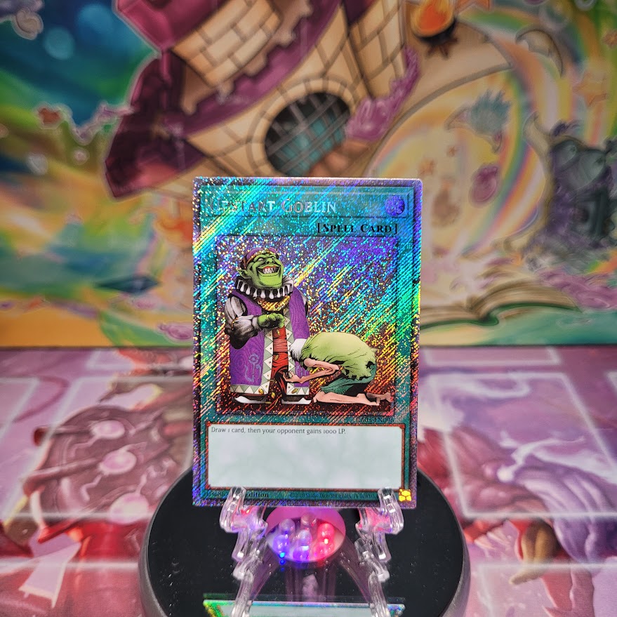 A Platinum Secret Rare "Upstart Goblin" card from the Yugioh Set: Quarter Century Bonanza (RA03)