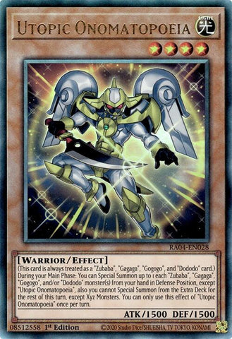 A Prismatic Ultimate Rare "Utopic Onomatopoeia" card from the Yugioh Set: Quarter Century Stampede (RA04).