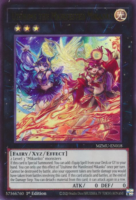 An Ultra Rare "Uzuhime the Manifested Mikanko" card from the Yugioh Set: Maze of Muertos (MZMU).