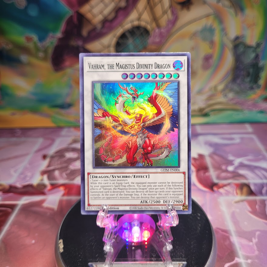 A 1st Edition Super Rare "Vahram, The Magistus Divinity Dragon" card from the Yugioh Set: Genesis Impact.