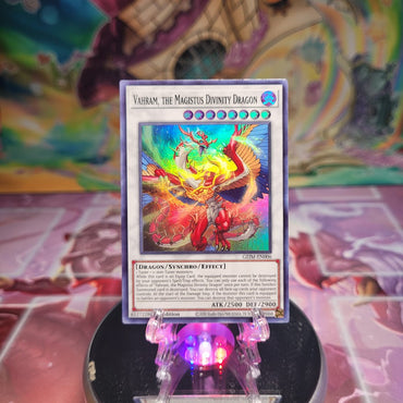 A 1st Edition Super Rare "Vahram, The Magistus Divinity Dragon" card from the Yugioh Set: Genesis Impact.