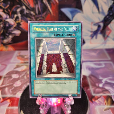 A Secret Rare "Valhalla, Hall of the Fallen" card from the Yugioh Set: Premium Pack 2.