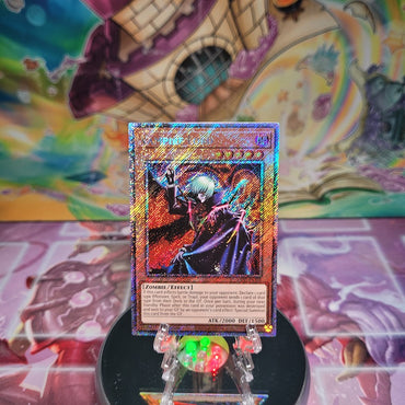 A Platinum Secret Rare "Vampire Lord" card from the Yugioh Set: Quarter Century Bonanza (RA03)