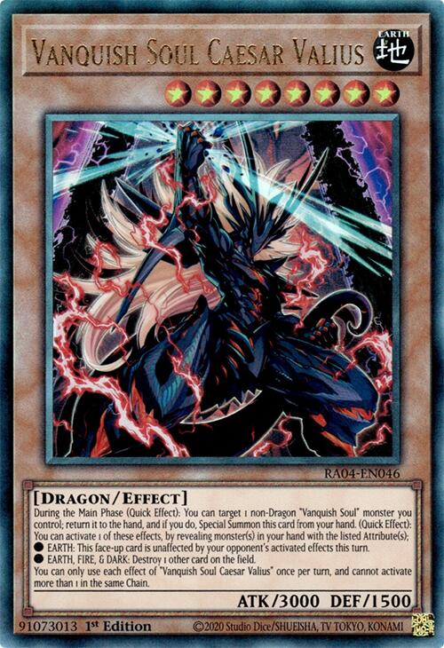A Prismatic Ultimate Rare "Vanquish Soul Caesar Valius" card from the Yugioh Set: Quarter Century Stampede (RA04).