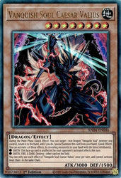 A Prismatic Ultimate Rare "Vanquish Soul Caesar Valius" card from the Yugioh Set: Quarter Century Stampede (RA04).