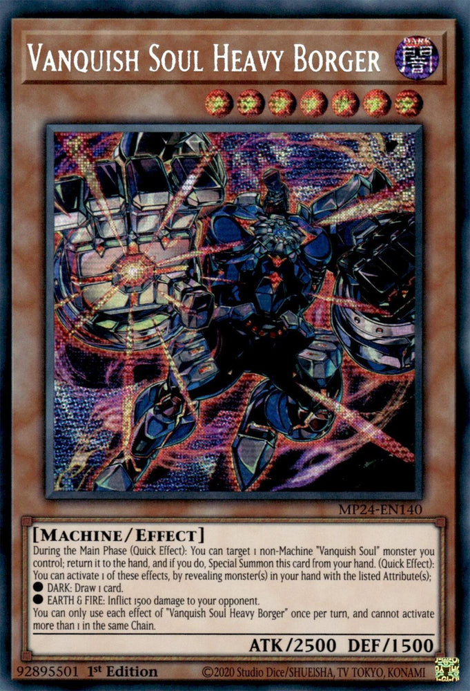 A Prismatic Secret Rare "Vanquish Soul Heavy Borger" card from the Yugioh 25th Anniversary Tin: Dueling Mirrors (MP24).