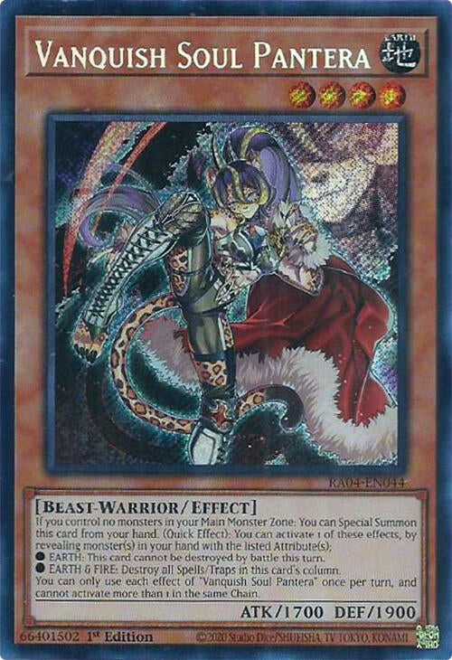 A Secret Rare "Vanquish Soul Pantera" card from the Yugioh Set: Quarter Century Stampede (RA04).