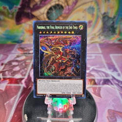 A Secret Rare "Varudras, the Final Bringer of the End Times" card from the Yugioh Set: Legacy of Destruction (LEDE).