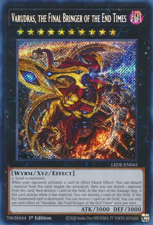 A Secret Rare "Varudras, the Final Bringer of the End Times" card from the Yugioh Set: Legacy of Destruction (LEDE).
