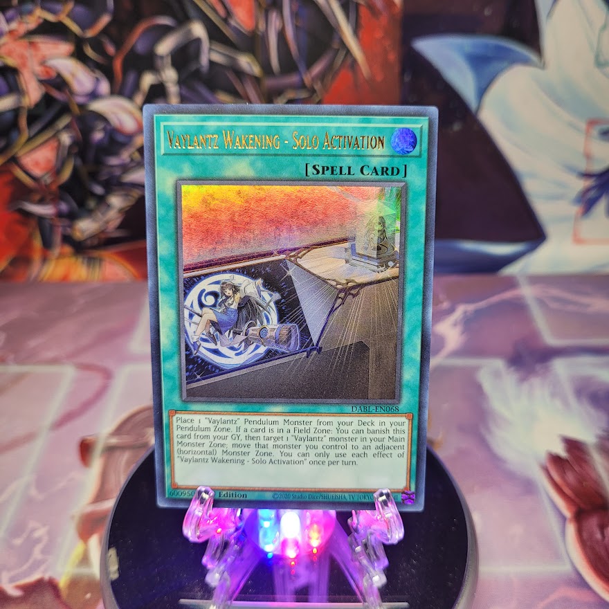 An Ultra Rare "Vaylantz Wakening - Solo Activation" card from the Yugioh Set: Darkwing Blast (DABL).