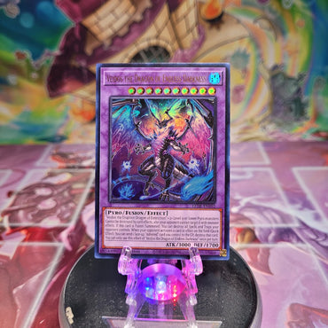 An Ultra Rare "Veidos the Dragon of Endless Darkness" card from the Yugioh Set: Legacy of Destruction.