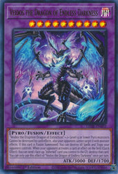 An Ultra Rare "Veidos the Dragon of Endless Darkness" card from the Yugioh Set: Legacy of Destruction (LEDE).