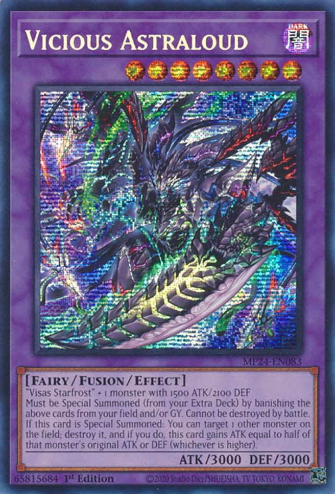 A Prismatic Secret Rare "Vicious Astraloud" card from the Yugioh 25th Anniversary Tin: Dueling Mirrors (MP24).