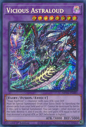 A Prismatic Secret Rare "Vicious Astraloud" card from the Yugioh 25th Anniversary Tin: Dueling Mirrors (MP24).