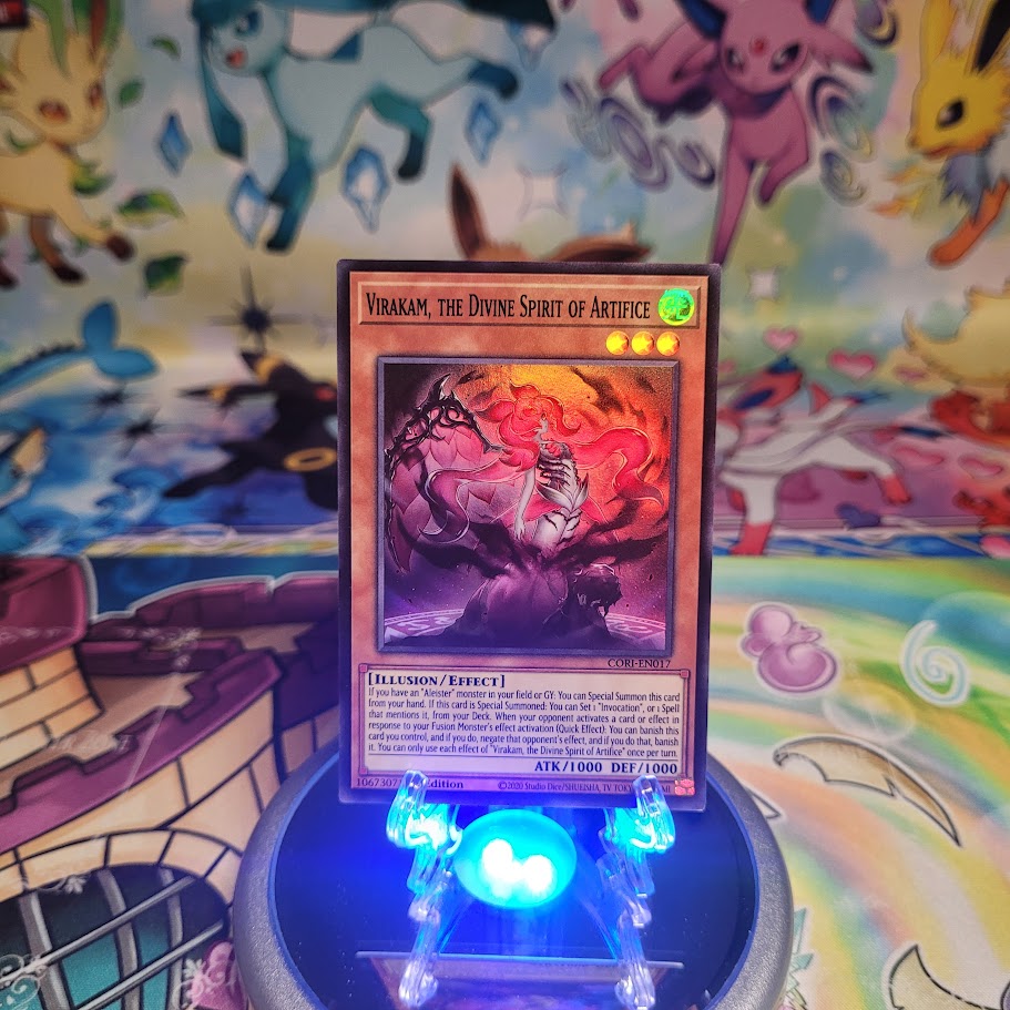 A Super Rare “Virakam, The Divine Spirit of Artifice” card from the Yugioh Set: Chaos Origins (CORI).