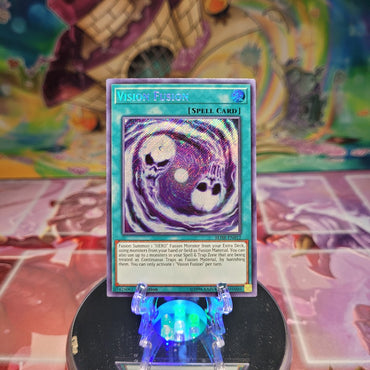 A Secret Rare "Vision Fusion" card from the Yugioh Set: Battles of Legend: Hero's Revenge (BLHR).