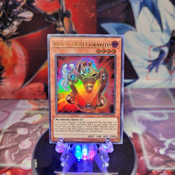 An Ultra Rare "Vision Hero Gravito" card from the Yugioh Set: Battles of Legend: Hero's Revenge (BLHR).