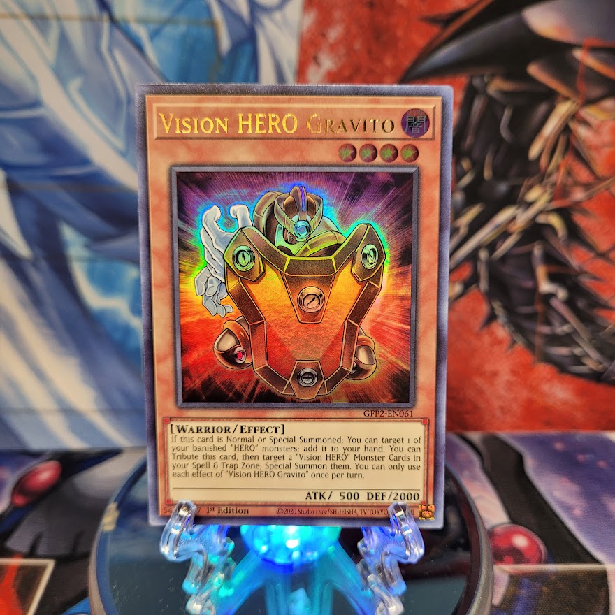 An Ultra Rare "Vision Hero Gravito" card from the Yugioh Set: Ghosts From the Past: The 2nd Haunting (GFP2).