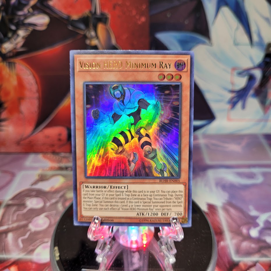 An Ultra Rare "Vision Hero Minimum Ray" card from the Yugioh Set: Battles of Legend: Hero's Revenge (BLHR).