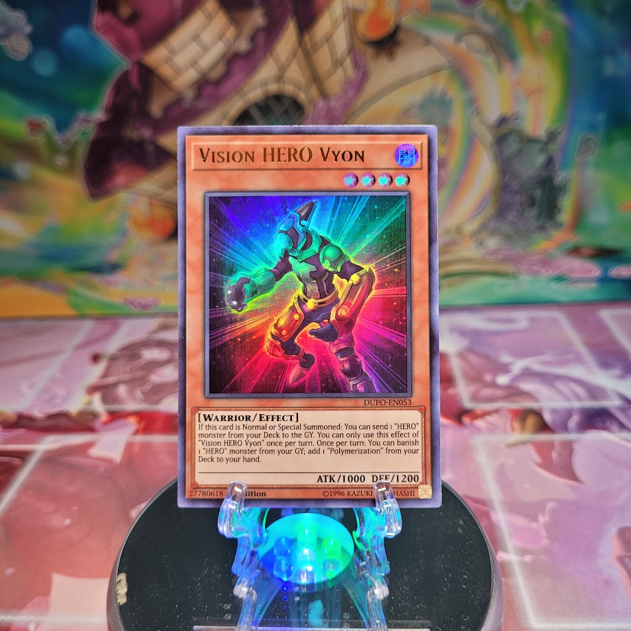 An Ultra Rare "Vision Hero Vyon" card from the Yugioh Set: Duel Power (DUPO).