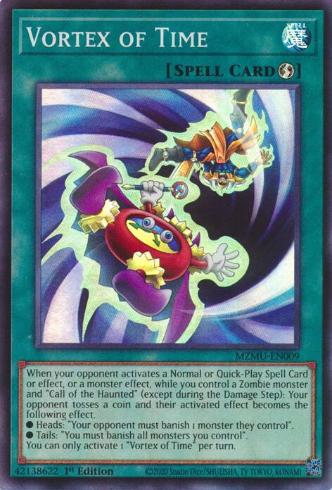 A Super Rare "Vortex of Time" card from the Yugioh Set: Maze of Muertos (MZMU).