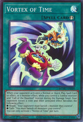 A Super Rare "Vortex of Time" card from the Yugioh Set: Maze of Muertos (MZMU).