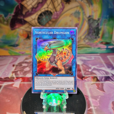 A Super Rare "Vorticular Drumgon" card from the Yugioh Set: Cybernetic Horizon.