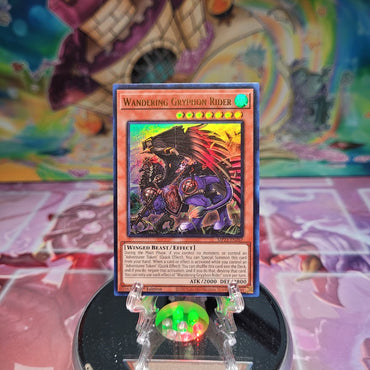 An Ultra Rare "Wandering Gryphon Rider" card from the Yugioh Dueling Heroes Mega-Tin Mega Pack.