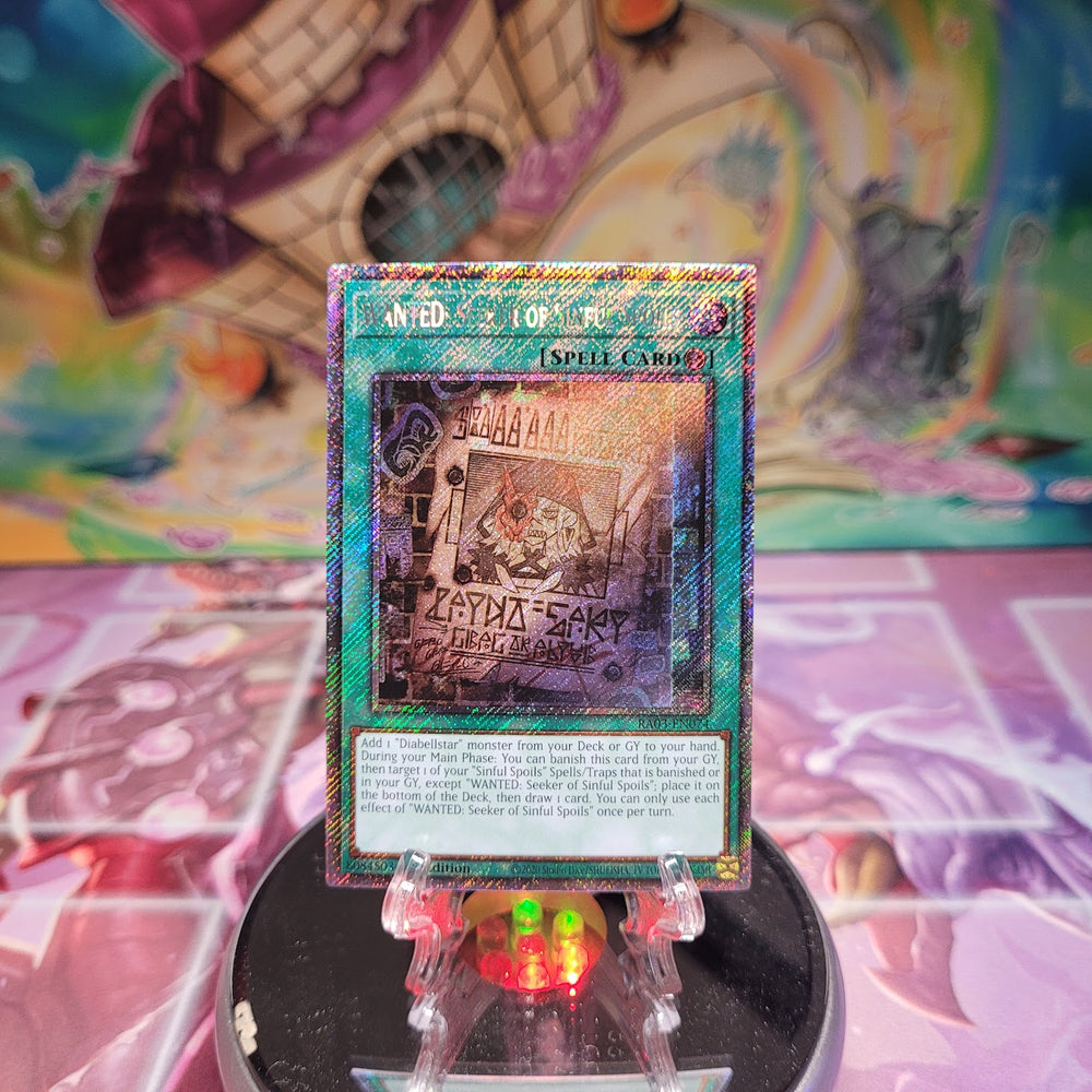 A Platinum Secret Rare "Wanted: Seeker of Sinful Spoils" card from the Yugioh Set: Quarter Century Bonanza (RA03).