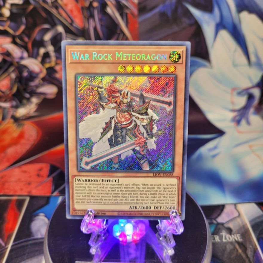 A Secret Rare "War Rock Meteoragon" card from the Yugioh Set: Lightning Overdrive.