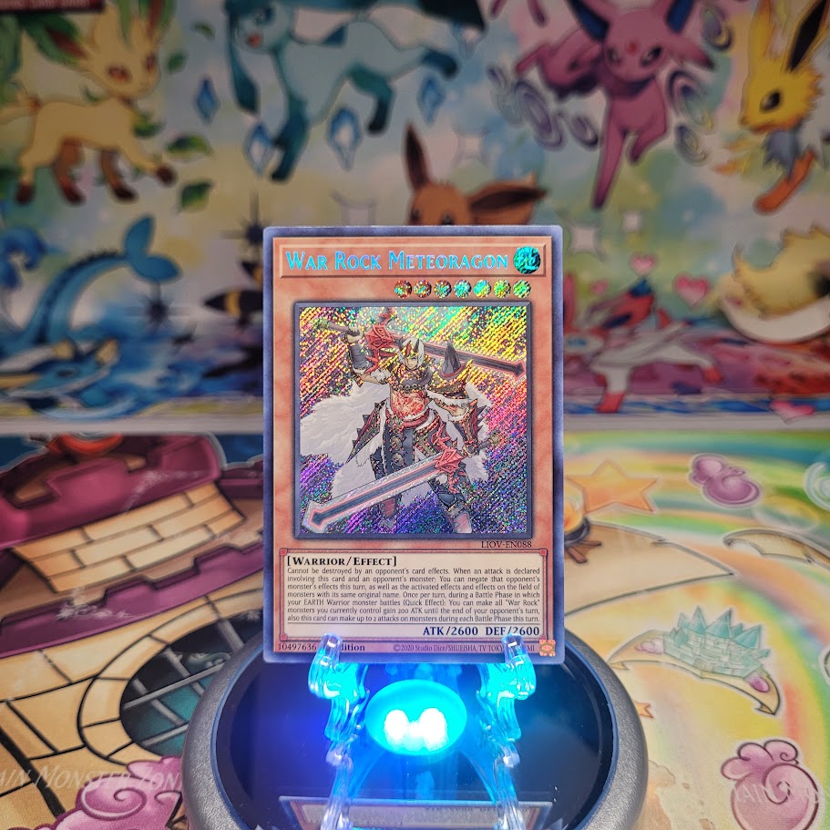 A Secret Rare "War Rock Meteoragon" card from the Yugioh Set: Lightning Overdrive (LIOV).