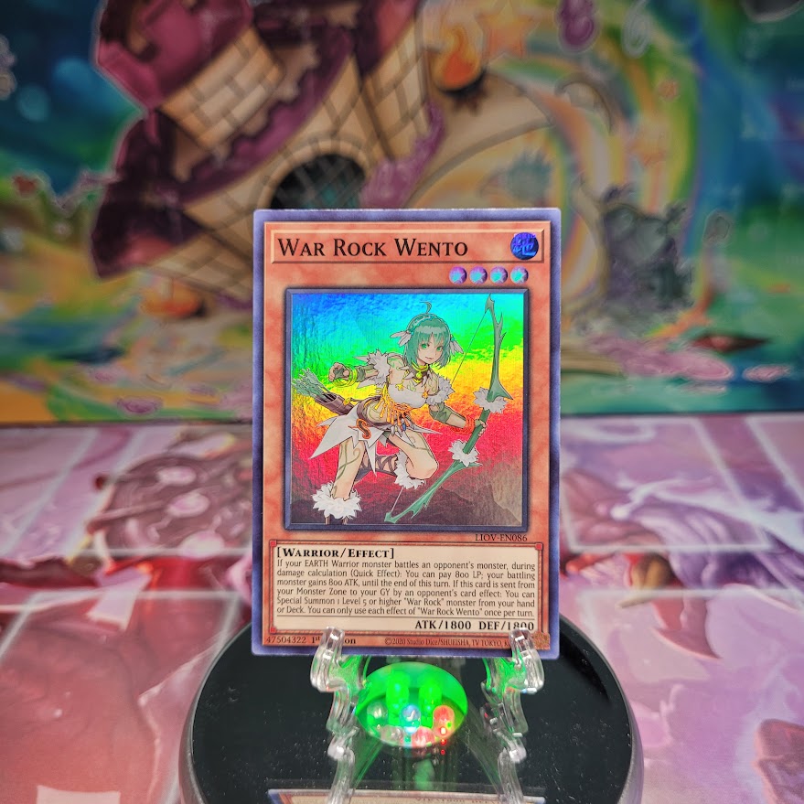 A Super Rare "War Rock Wento" card from the Yugioh Set: Lightning Overdrive.