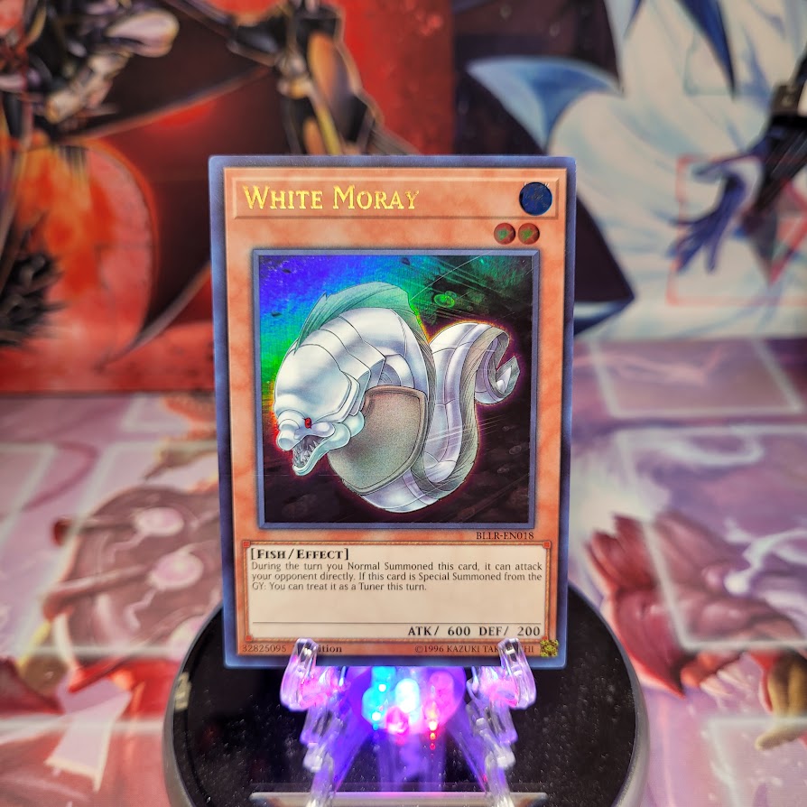 An Ultra Rare "White Moray" card from the Yugioh Set: Battles of Legend: Light's Revenge (BLLR).