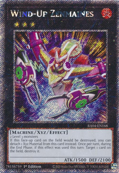 A Platinum Secret Rare "Wind-Up Zenmaines" card from the Yugioh Set: Quarter Century Stampede (RA04).