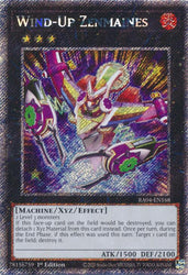 A Platinum Secret Rare "Wind-Up Zenmaines" card from the Yugioh Set: Quarter Century Stampede (RA04).