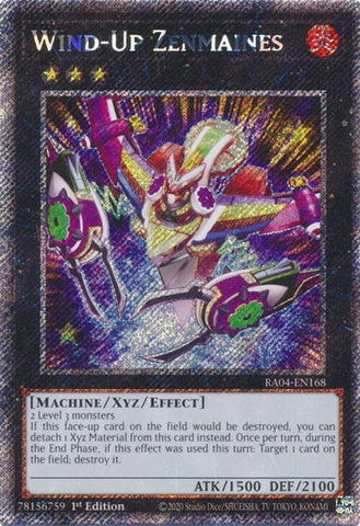 A Platinum Secret Rare "Wind-Up Zenmaines" card from the Yugioh Set: Quarter Century Stampede (RA04).