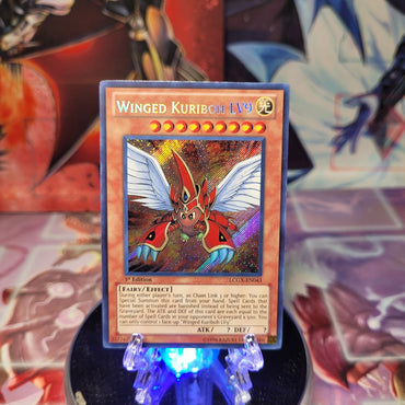 A Secret Rare "Winged Kuriboh LV9" card from the Yugioh Set: Legendary Collection 2: The Duel Academy Years (LCGX).