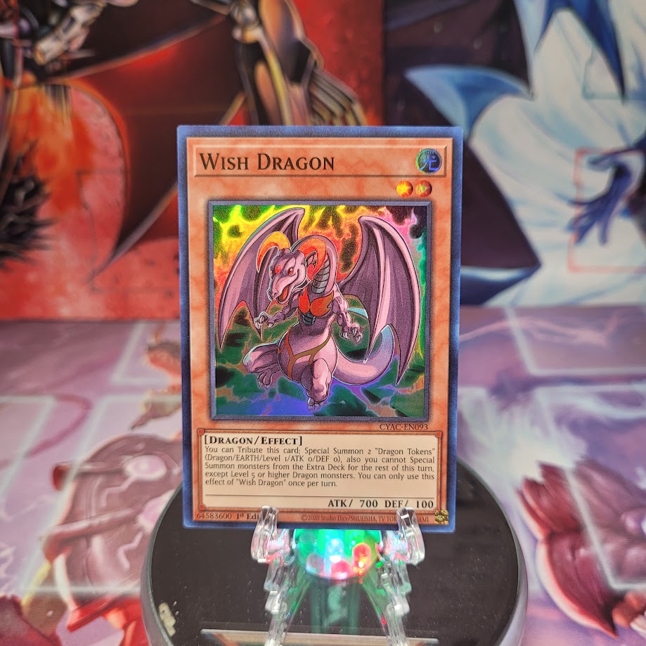 A Super Rare "Wish Dragon" card from the Yugioh Set: Cyberstorm Access.