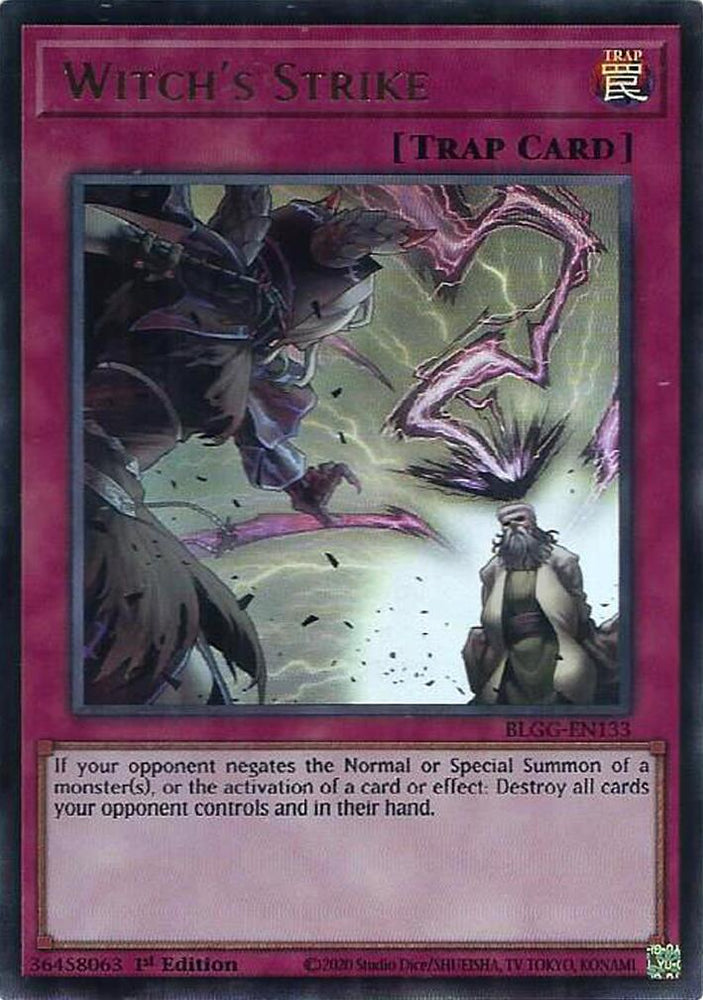 An Ultra Rare "Witch's Strike" card from the Yugioh Set: Battles of Legend: Glorious Gallery (BLGG).