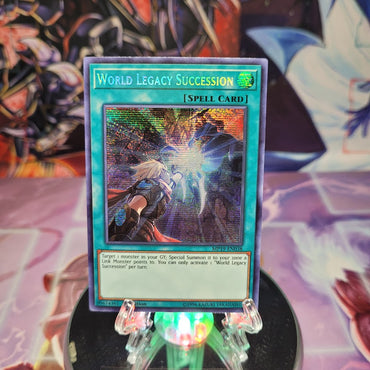 A Prismatic Secret Rare "World Legacy Succession" card from the Yugioh 2019 Gold Sarcophagus Tins.