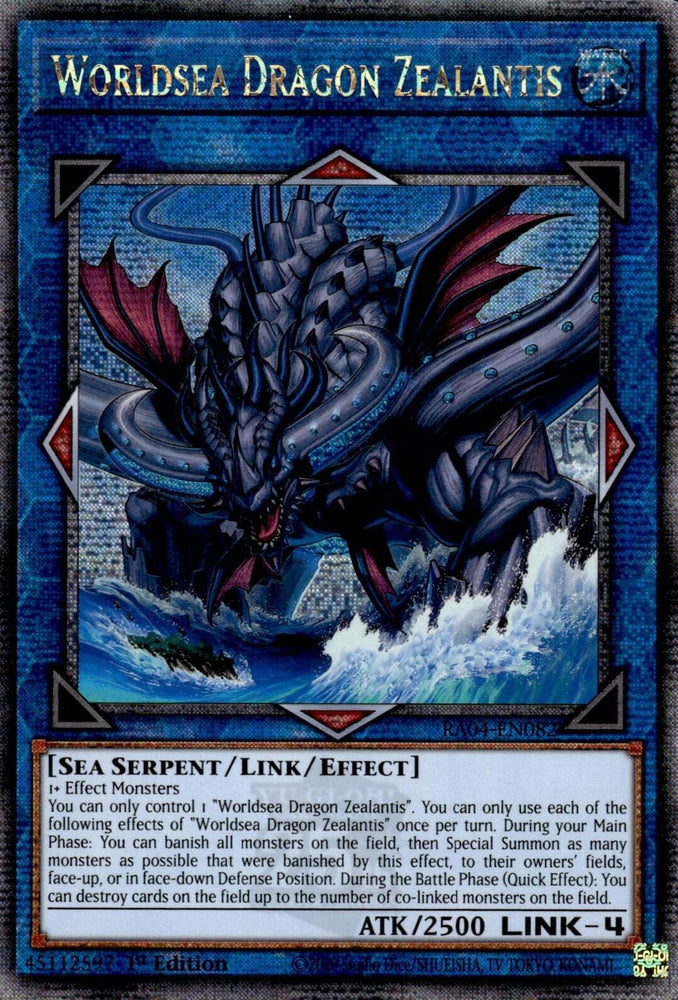 A Quarter Century Secret Rare "Worldsea Dragon Zealantis" card from the Yugioh Set: Quarter Century Stampede (RA04).